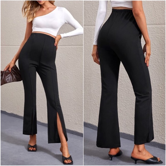 Black Slit Hem Wide Leg Pants work Office - Picture 2 of 4